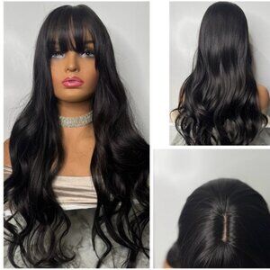 Long Black Wavy Synthetic Wig with Bangs 28 Layered Classic Wig Cap – Heat-Safe